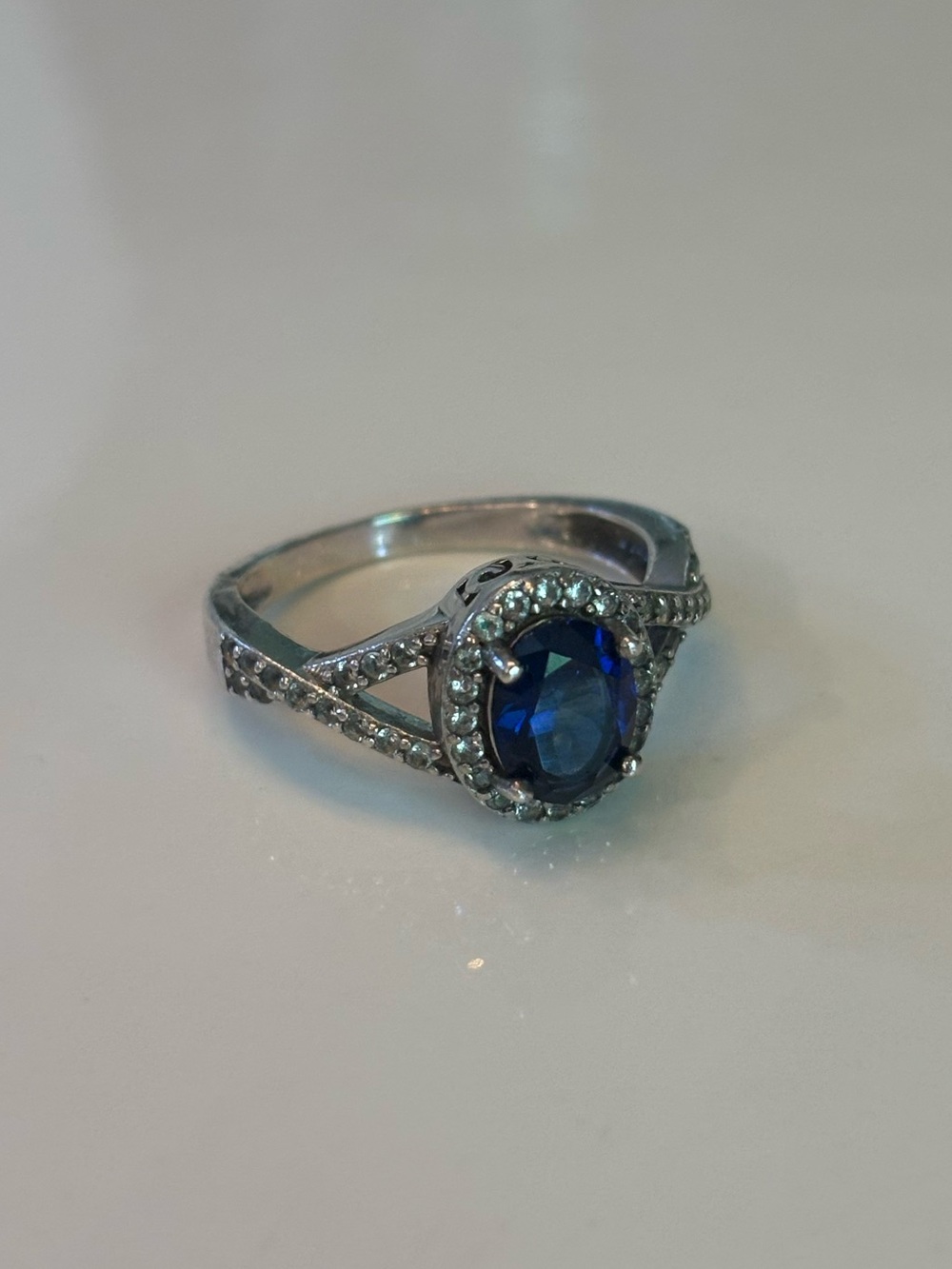 VTG SUN 925 STERLING SILVER BLUE SAPPHIRE & CRYSTAL STONES FANCY RING SIZE 6.25